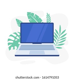 Laptop with tropical flora background. Computer vector graphic template for presentation. Monitor desktop for your web concept.