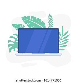 Laptop with tropical flora background. Computer vector graphic template for presentation. Monitor desktop for your web concept.