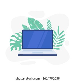 Laptop with tropical flora background. Computer vector graphic template for presentation. Monitor desktop for your web concept.