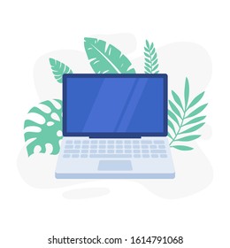 Laptop with tropical flora background. Computer vector graphic template for presentation. Monitor desktop for your web concept.