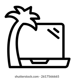 Laptop and tropical palm tree line icon, remote work concept. Vector graphics. Vacation, job trip sign on white background, style mobile or design