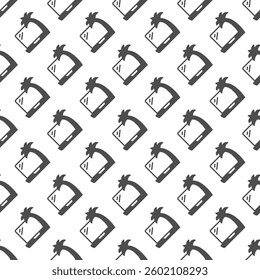 Laptop and tropical palm tree solid seamless pattern, remote work theme. Vector graphics. Vacation, job trip sign with background, repeat glyph icon