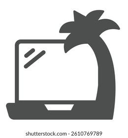 Laptop and tropical palm tree solid icon, remote work concept. Vector graphics. Vacation, job trip sign on white background, glyph style icon for mobile or web design