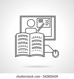 Laptop and tutorial. On ine education concept. Web lectures, trainings exam. Flat line style vector icon. Single web design element for mobile app or website.