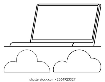 Portátil con dos nubes en primer plano. Ideal para computación en la nube, almacenamiento de datos en línea, trabajo remoto, colaboración virtual, seguridad de datos, servicios tecnológicos, desarrollo de software. Metáfora de línea