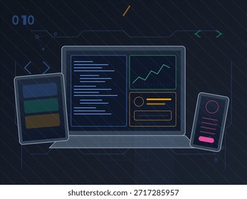 Ein Notebook und zwei mobile Geräte zeigen Code, Grafiken und Benutzeroberflächendesigns in einem digitalen Arbeitsplatz an. Die Umgebung ist dunkel und konzentriert sich auf Technologie.