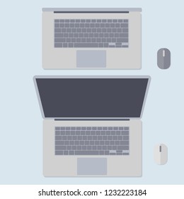 Laptop in two versions. Cool colors. Computer mice of different colors. Gray, blue. View from above.