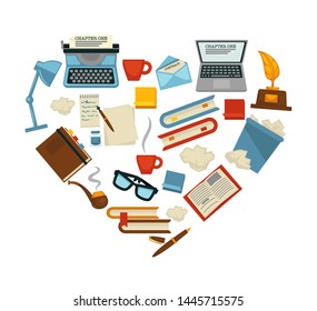 Laptop and typing machine creative profession writer and writing items vector coffee cup organizer and smoking pipe novels and poesy letter and books eyeglasses and gold feather award in heart shape.