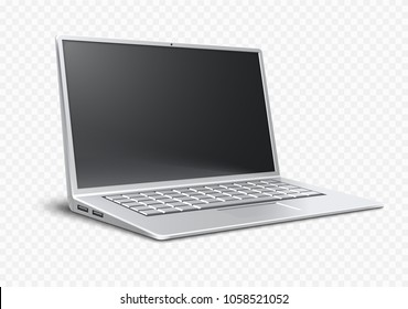 Laptop. Ultrathin Airbook. Modern Portable Device With Black Screen. 3d Mockup In Metal Aluminium Case. Realistic Eps10 Vector Illustration, Isolated On Transparent Background.