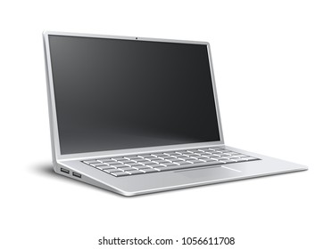 Laptop. Ultra-thin notebook. Modern portable device with black screen. Mockup in metal aluminium case. Vector illustration, isolated on white background.