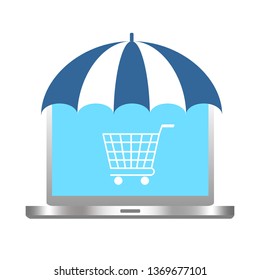 Laptop with umbrella and cart on screen. Shopping online concept. Business background vector illustration. 
