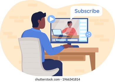 Cartel de la web vectorial 2D en línea de desboxeo para portátiles. Un hombre afroamericano ve un video en una computadora de escritorio con personajes planos sobre el fondo de las caricaturas. Parche para imprimir tutorial, elemento web colorido