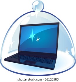 Laptop under bell-glass concept. Vector illustration.