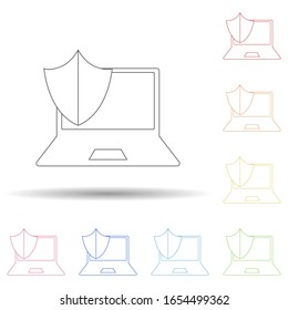 Portátil protegido en icono de estilo multicolor. Línea delgada simple, contorno vectorial de iconos antivirus para ui y ux, sitio web o aplicación móvil