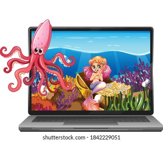 Laptop with underwater scene on screen illustration