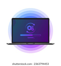 Actualización del portátil. Pantalla plana, púrpura, pantalla portátil, equipo de actualización, proceso de actualización del portátil. Ilustración del vector