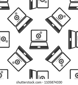 Laptop update process with gearbox progress and loading bar icon seamless pattern on white background. System software update. Loading process in laptop screen. Flat design. Vector Illustration
