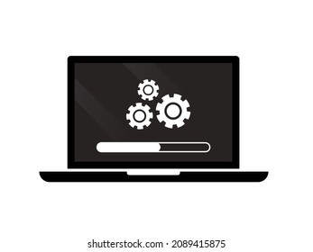 Laptop update process with gearbox progress and loading bar icon isolated. System software update