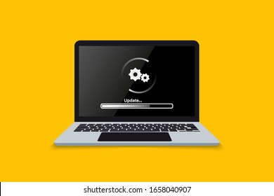 Bildschirm für die Aktualisierung des Notebooks. Laden oder Aktualisieren des Prozesses in Laptop-Bildschirm. Installieren Sie Software, Betriebssystem, Update-Support, Datenupdate oder Synchronisation mit Barprozess. Vorlage, i, web, mobile App, Poster
