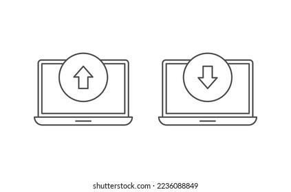 Diseño vectorial de línea de icono de descarga de portátiles y carga