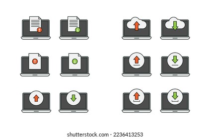 Equipo portátil, carga y descarga de iconos de diseño vectorial, nube, documento, carga de flecha y conjunto de iconos vectoriales de descarga
