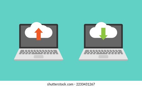 Laptop and upload download vector design, laptop and cloud upload and download icon
