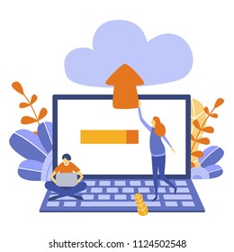 Laptop and upload file with peoples. Document uploading concept.Upload, Download concept for web page, banner, presentation, social media, documents, cards, posters.Flat style. Vector illustration