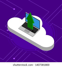 Laptop uploading to a 3d cloud computing icon - Vector