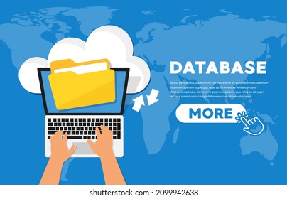 Laptop uploads to cloud server, data and database vector icon
