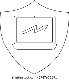 A laptop with an upwardtrending graph on its screen set within a shield outline