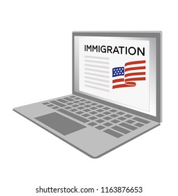 Laptop with the USA Visa immigration logo on screen. US flag with stars American symbol. Concept of migration programs, Services and Green Card, Visa Services lawyer or Citizenship passport