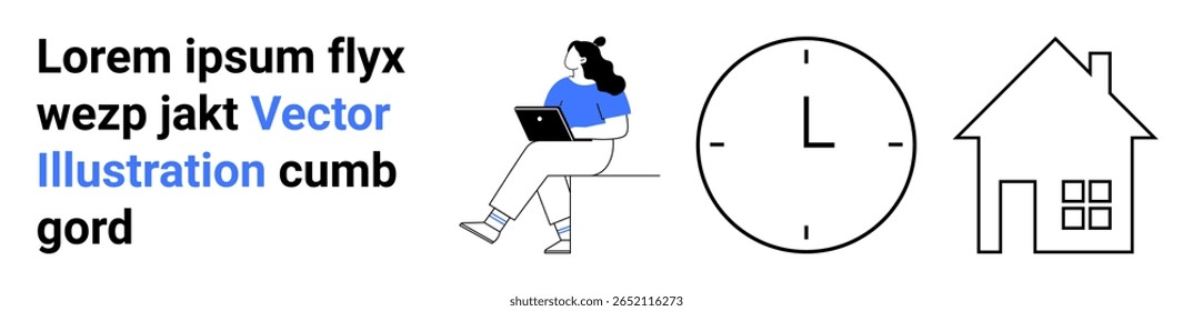 Usuário de notebook, relógio e vetor doméstico enfatizam o trabalho remoto, a produtividade e o gerenciamento de tempo. Ideal para freelancers, equilíbrio entre a vida pessoal e profissional, configuração de escritório doméstico, programação, nômade digital, trabalho em casa