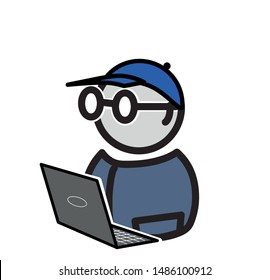 Laptop user flat vector icon. Freelance job vector illustration. Man working on internet using laptop. Business man and laptop isolated on white. Work at the computer. Flat design. EPS 10.