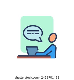 Usuario de ordenador portátil que tiene video chat icono delgado. Hombre que usa computadora, bocadillo, charla en línea. Icono de línea para la comunicación, lugar de trabajo, concepto de conversación