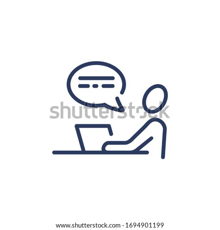 Laptop user having video chat thin icon. Man using computer, speech bubble, online talk. Line icon for communication, workplace, conversation concept