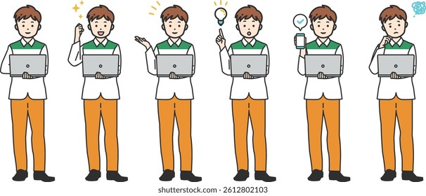 Laptop User Illustration Set. Businesspeople using laptops while thinking, working, or presenting. Ideal for business, tech, and educational content. Clean and versatile design.