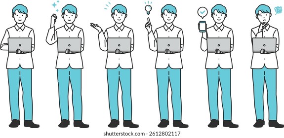 Laptop User Illustration Set. Businesspeople using laptops while thinking, working, or presenting. Ideal for business, tech, and educational content. Clean and versatile design.