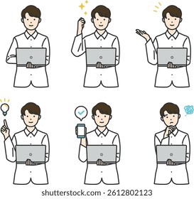 Laptop User Illustration Set. Businesspeople using laptops while thinking, working, or presenting. Ideal for business, tech, and educational content. Clean and versatile design.