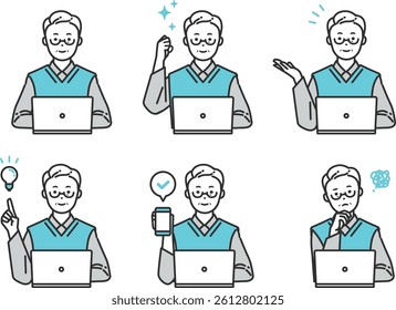 Laptop User Illustration Set. Businesspeople using laptops while thinking, working, or presenting. Ideal for business, tech, and educational content. Clean and versatile design.