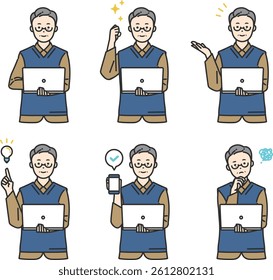 Laptop User Illustration Set. Businesspeople using laptops while thinking, working, or presenting. Ideal for business, tech, and educational content. Clean and versatile design.