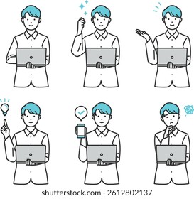 Laptop User Illustration Set. Businesspeople using laptops while thinking, working, or presenting. Ideal for business, tech, and educational content. Clean and versatile design.