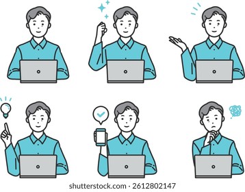 Laptop User Illustration Set. Businesspeople using laptops while thinking, working, or presenting. Ideal for business, tech, and educational content. Clean and versatile design.