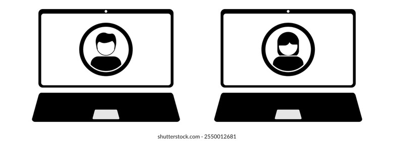 laptop user or notebook profile, user avatar with two gender, online meeting, studying or working icon vector