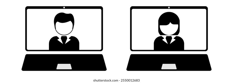 laptop user or notebook profile, user avatar with two gender, online meeting, studying or working icon vector