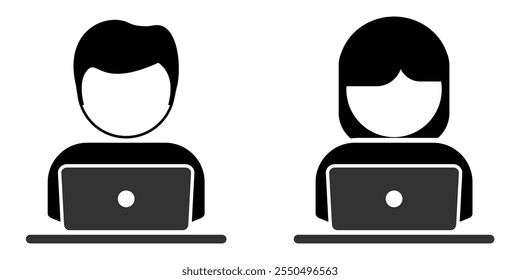 laptop user or notebook profile, user avatar with two gender, job meeting, studying or working icon vector