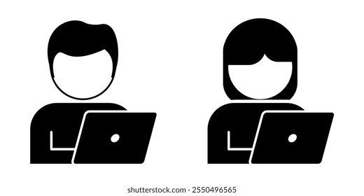 laptop user or notebook profile, user avatar with two gender, job meeting, studying or working icon vector