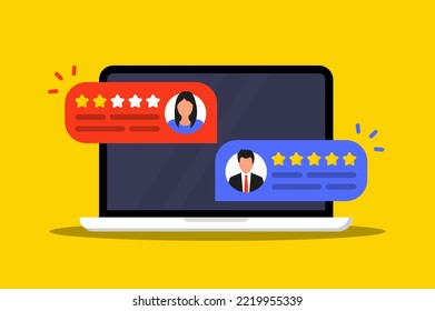 Laptop with user reviews. Review rating or feedback. User reviews with good and bad rate on computer display. Customer review messages. Customer feedback review experience rating. Satisfaction rating