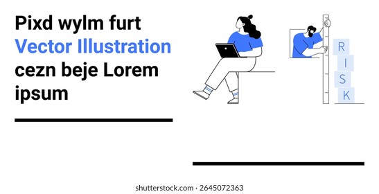 Laptop user sitting by RISK ladder, text placeholder with black and blue elements, minimalist design. Ideal for technology, business concepts, education, modern design, risk management, marketing