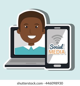 laptop user with social networking smartphone isolated icon design, vector illustration  graphic 