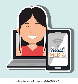 laptop user with social networking smartphone isolated icon design, vector illustration  graphic 